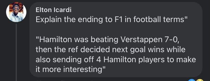 TheTechnician44's tweet photo. Explain the finish of the #AbuDhabiGP in football terms….. https://t.co/89KNrwDAmY