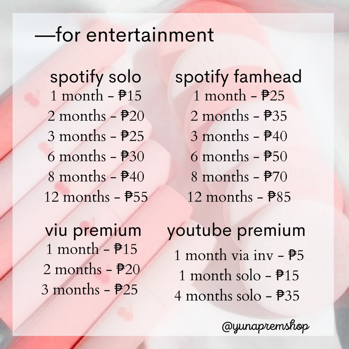 yunapremshop's tweet photo. ˖  ₊ ˚ ׁ۪𝘄𝗲𝗹𝗰𝗼𝗺𝗲 𝘁𝗼 𝘆𝘂𝗻𝗮'𝘀 𝗽𝗿𝗲𝗺𝘀𝗵𝗼𝗽 ⬞♡
— a legit seller of premium account at a cheap price!

🏷️lf netflix, spotify, viu, youtube, disney plus, iwant, iqiyi, hbo, grammarly, zookal, bartleby, canva, mathway, unlock services

dm: @yunapremshop https://t.co/Zm7tpmd5vN