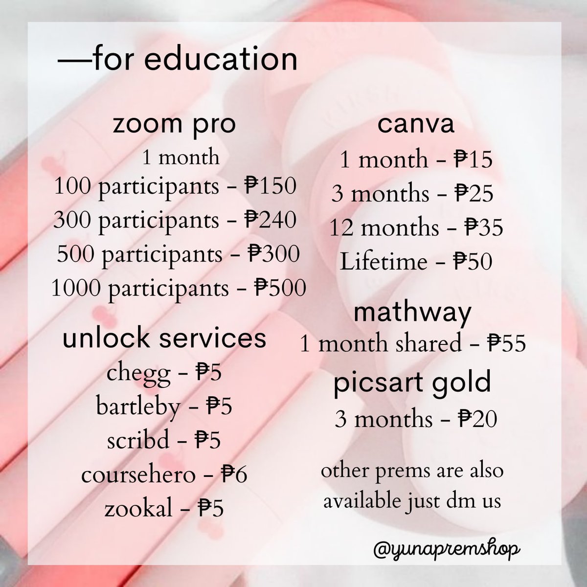 yunapremshop's tweet photo. ˖  ₊ ˚ ׁ۪𝘄𝗲𝗹𝗰𝗼𝗺𝗲 𝘁𝗼 𝘆𝘂𝗻𝗮'𝘀 𝗽𝗿𝗲𝗺𝘀𝗵𝗼𝗽 ⬞♡
— a legit seller of premium account at a cheap price!

🏷️lf netflix, spotify, viu, youtube, disney plus, iwant, iqiyi, hbo, grammarly, zookal, bartleby, canva, mathway, unlock services

dm: @yunapremshop https://t.co/Zm7tpmd5vN