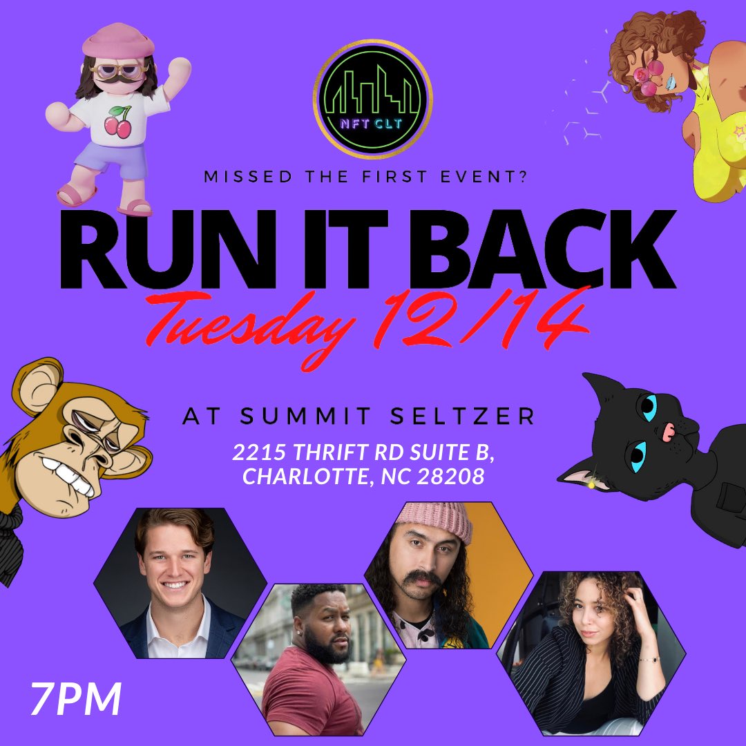nftclt's tweet photo. @goldenebrowntv If you missed our first ever NFT event In Charlotte NC now is your chance to Learn about NFTs &amp; blockchain technology, through an interactive community building workshop. Join us this Tuesday 12/14 at 7pm @summitseltzer This event is free https://t.co/jQfAHdjOxj