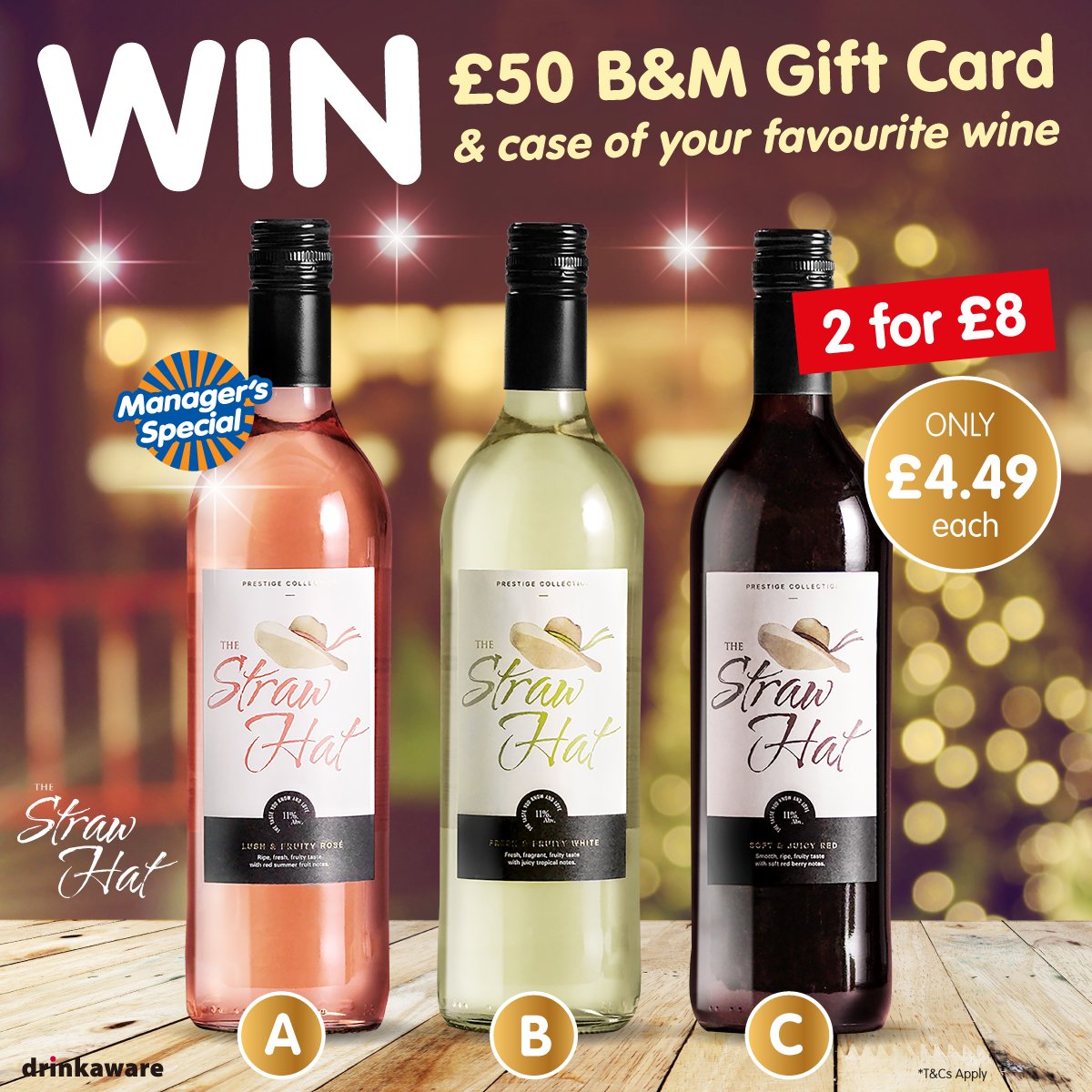 bmstores's tweet photo. 🍷 #COMPETITON TIME - ENDS SOON 🍷

Get #Christmas ready with ONE chance to #WIN a £50 B&amp;M Gift Card PLUS a case of your choice of  #StrawHat wine!

For a chance to #WIN, simply 

1) FOLLOW US
2) RETWEET
3) COMMENT WHICH type of wine you'd choose!

Competition ends 9am 16/12/21 https://t.co/vg8ON20lfS