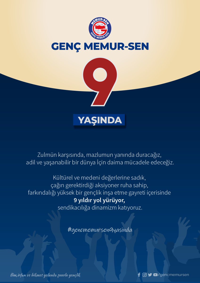 Zulmün karşısında, mazlumun yanında duracağız. Adil ve yaşanabilir bir dünya için daima mücadele edeceğiz.

❝Çağı kurtarmanın eylemidir,
Çağ dışı görünen ilgimiz bizim❞

Çağın soylusuna selam olsun!

#GençMemurSen9Yaşında
