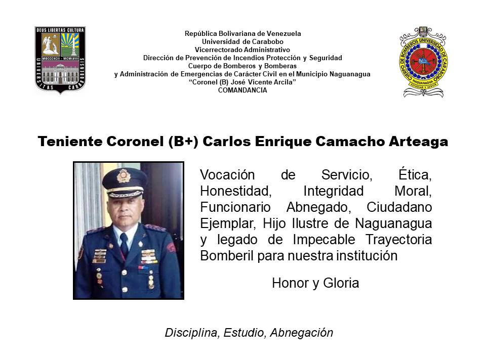 bomberuc's tweet image. Lunes 13/12/2021
05:00 PM

Misa por el eterno descanso del Teniente Coronel (B) Carlos Enrique Camacho Arteaga, al cumplirse un mes de su partida

Lugar: Estación de Bomberos de la Universidad de Carabobo y municipio Naguanagua

@bomberuc 
Disciplina, Estudio, Abnegación