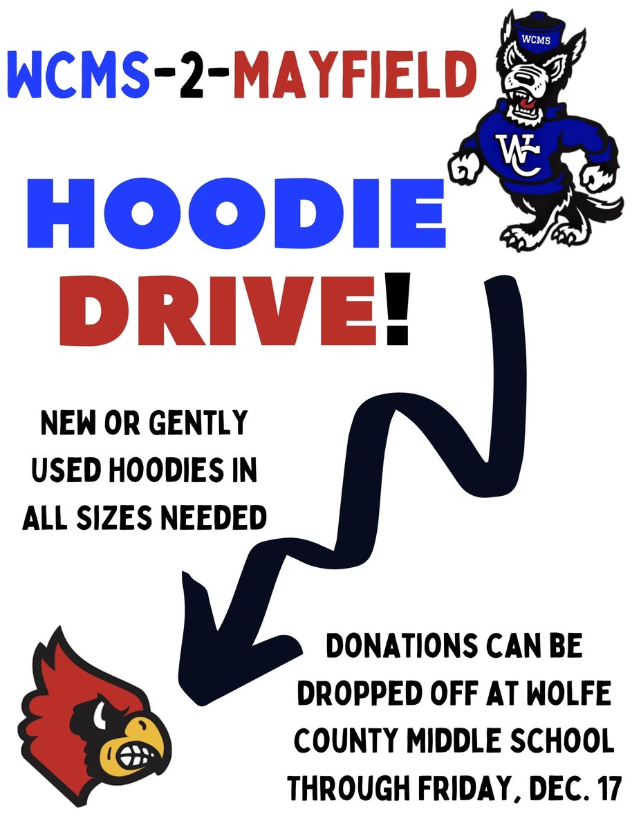 NBrooks96's tweet photo. Students LOVE hoodies, so our #WCMSWolves want to make sure all those in the Mayfield School District have them this winter. Any new or GENTLY used hoodies can be donated at WCMS this week and we will get them delivered. All sizes needed! #mayfieldstrong @MHSbedwards https://t.co/2ylR6QbTri
