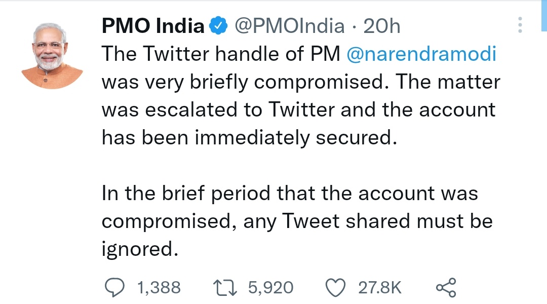 Qurat_Yfsp1's tweet photo. 2nd time a Twitter Handle related to #PMModi gets hacked.
In this matter paras agrawal should b the accountable person coz he is the CEO n responsible for security of @PMOIndia 's account.
#FarmersProtests #KashmiriLivesMatter 
#CyberSecurity #NetworkDefence https://t.co/Q09jCKI1p0