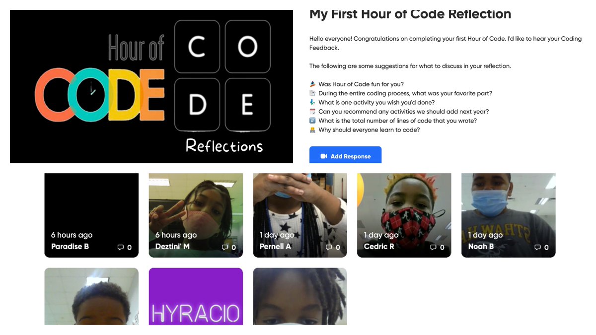 uab_atim's tweet image. During #csedweek2021 I thoroughly enjoyed #HourofCode2021 with @bhamcityschools Martha Gaskins & Bush Hills STEAM Acad. In addition to their coding skills, I was blown away by their reflection response in @Flipgrid Now is time to go #beyondthehourofcode @AlabamaAchieves @atimpd