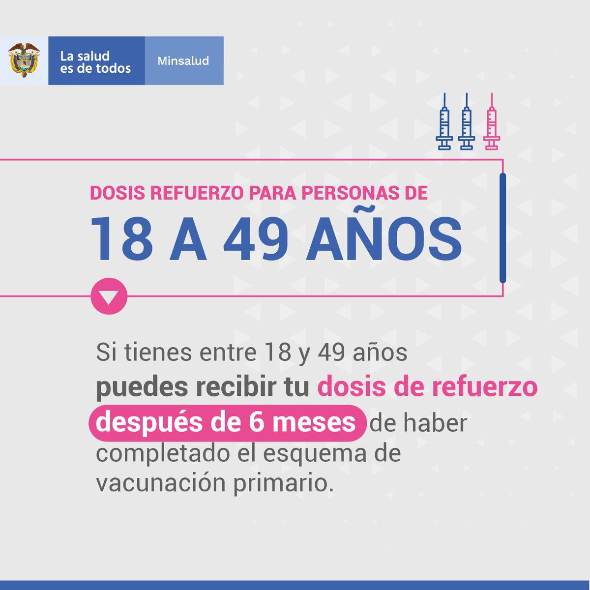 MinSaludCol's tweet photo. ¿En qué momento la población de 18 a 49 años y los mayores de 50 se deben aplicar la dosis de refuerzo contra el COVID-19? La respuesta⬇️ https://t.co/ZPFroUbIkD