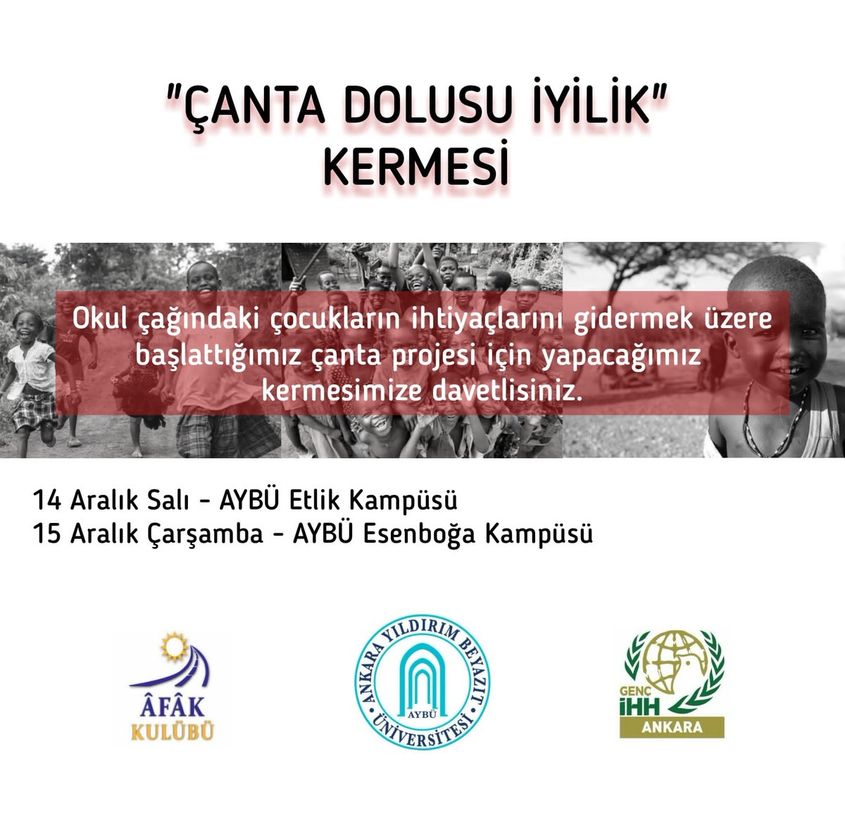 Âfâk Kulübü olarak <a href="/aybugencihh/">AYBÜ Genç İHH</a> ile birlikte, geliriyle Suriyedeki çocukların çanta ve okul ihtiyacını karşılayacağımız Çanta Dolusu İyilik Kermesimize hepiniz davetlisiniz! 💌🤩