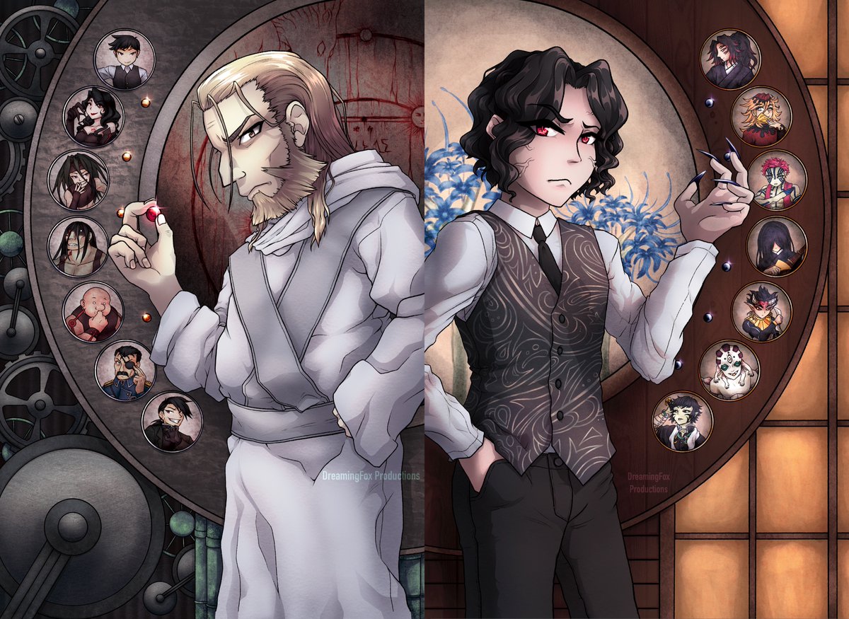 DreamingFoxPro's tweet photo. My second piece for @DSAzines ! I really like how both Muzan and Father have so many similarities but also stark differences. So I did a sort of “yin-yang” idea.

#kny #knyfanart #kimetsunoyaiba #DemonSlayer #FMA #FMAB #fullmetalalchemist #fanart #ZINE #Procreate https://t.co/zxKUV9l25h