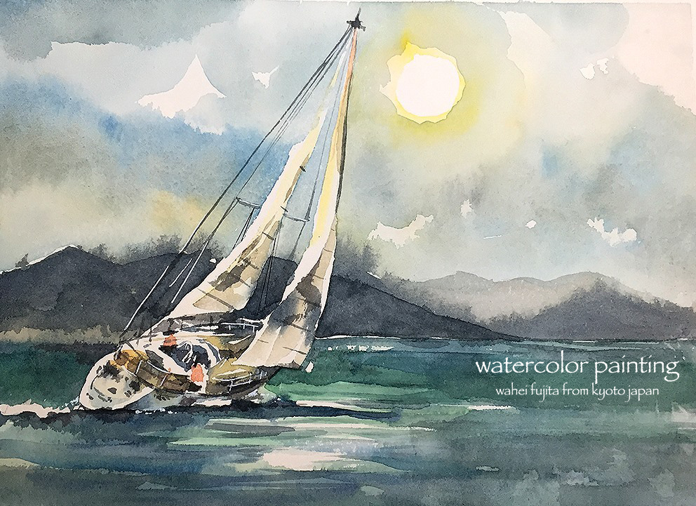 「琵琶湖北湖。友人のヨット。サイジングが飛んだ30年前のワトソンで。#Waterc」|わへい水彩画@京都水彩画塾塾長のイラスト