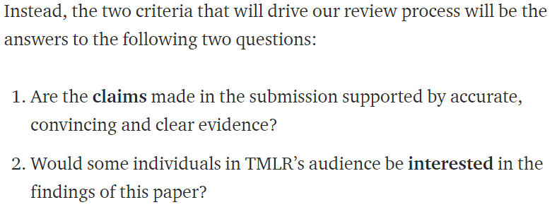 It seems like the two review principles of this new journal match the two criteria that I asked about in a previous poll (x.com/thegautamkamat…). This poll found that the majority of respondents wanted only the former, and not reviews based on some measure of "interestingness"