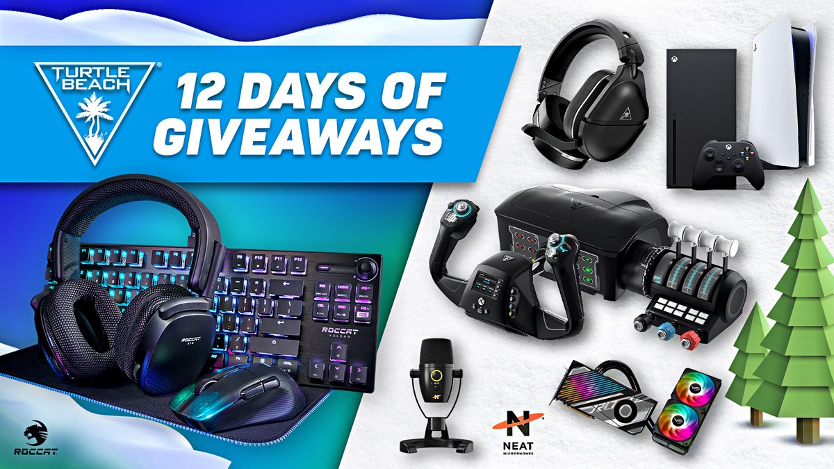 TurtleBeach's tweet image. On the 12th Day of Giveaways, @ROCCAT @NeatMics &amp;amp; Turtle Beach have put together the ULTIMATE giveaway bundle, with Grand Prizes including a PS5, Xbox Series X &amp;amp; more!

🐢 FOLLOW RT &amp;amp; LIKE
🎙️ Tag a friend with some 🚀🚀
🐈 Enter here: gaming.turtlebeach.com/3DM6GbV