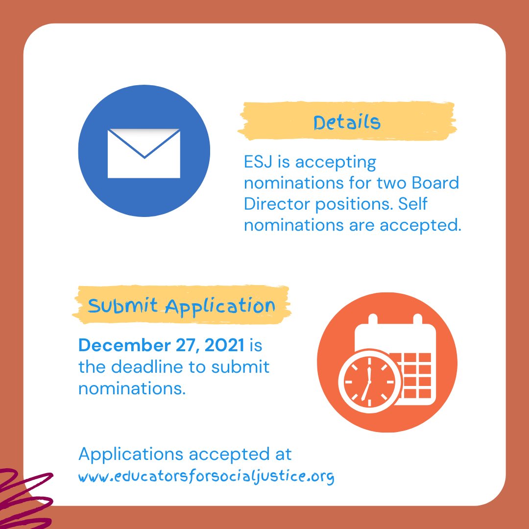 esj_stl's tweet photo. 🔔ESJ is accepting nominations for two Board Director positions. Self nominations are accepted. Submission deadline is December 27, 2021. Click link to complete the nomination form. https://t.co/W4sTa2dOLf https://t.co/526yql7i4Q