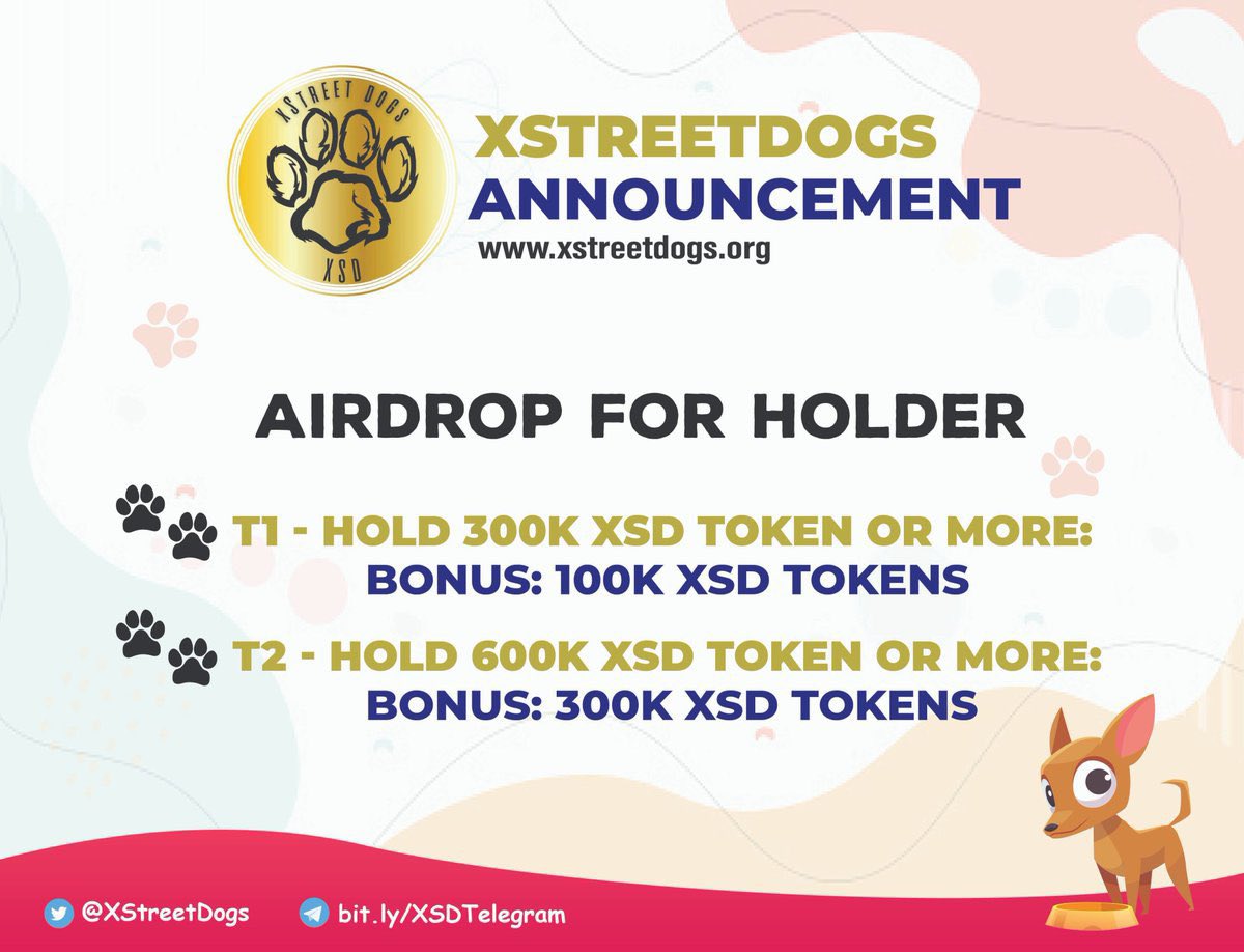 The #XStreetDogs #Airdrop has started.
Over 50k TL will receive 500k $XSD Tokens each over the next 48/72 hrs. 
 #HODLer reward AD planned very soon.
Tier 1 &amp; 2 are shown below
Tiers 3 &amp; 4 will be revealed soon.
#Pawsome #DoggyTreats #XSDCommunity  #XRPL #XRPArmy #XRP