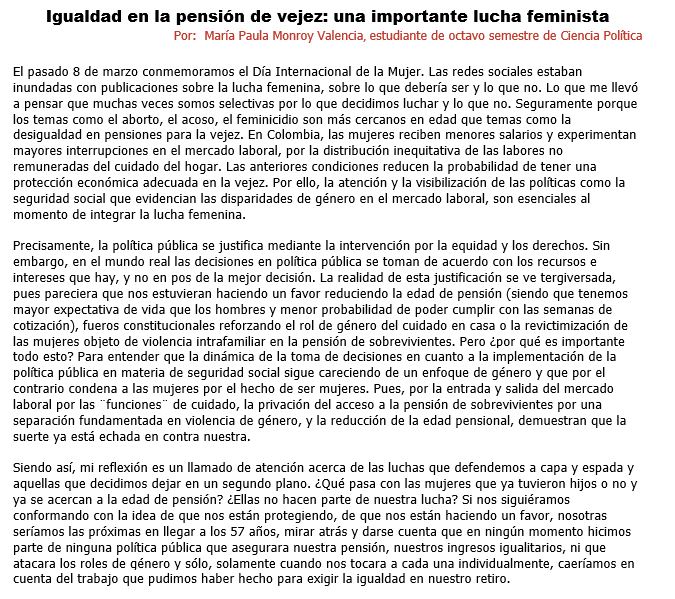 CPolUniandes's tweet photo. #NotaEstudiantil
"Igualdad en la pensión de vejez: una importante lucha feminista", columna escrita por @MariaMonroy1413 estudiante de @CPolUniandes.
Revive la nota aquí: https://t.co/VpVPnJPfzv