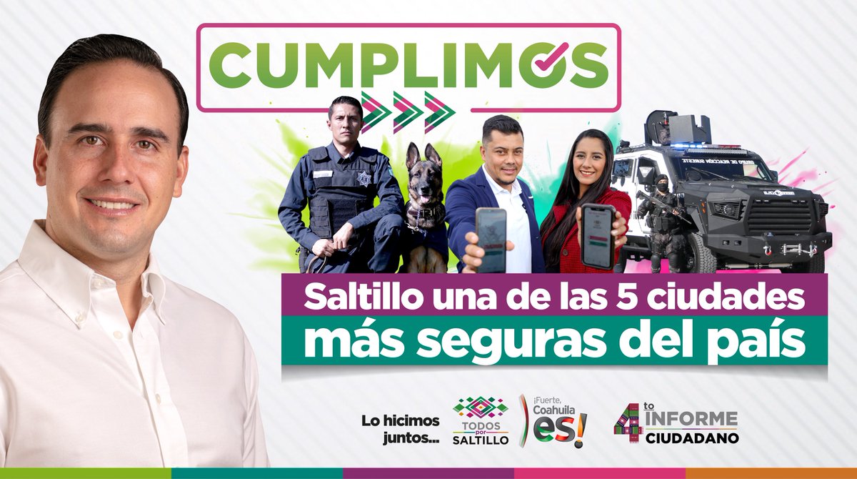 Sumando esfuerzos entre sociedad y gobierno hemos logrado mantener a #Saltillo entre las ciudades más seguras de #México. #4InformeSaltillo #Cumplimos #TodosPorSaltillo #Coahuila