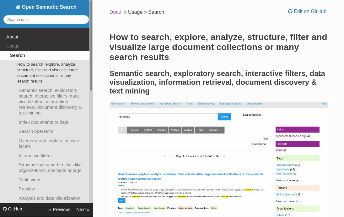 Migrated the #open semantic #search documentation to markdown format. So all can improve and extend the docs by simple text edits and pull requests in the Git repository: github.com/opensemanticse… #opensource #mkdocs