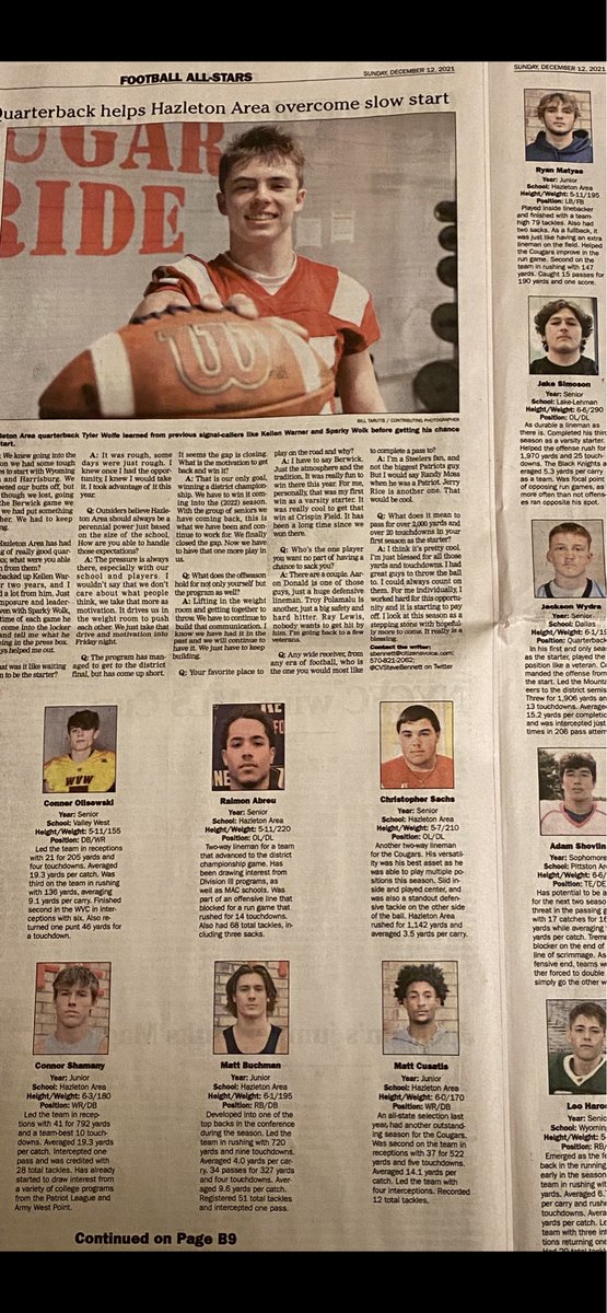 D_Buchman1's tweet photo. Congratulations to The Citizens’ Voice Player of the Year @TylerWolfeQB_23, along with fellow Citizens’ Voice All-Stars @AbreuRa1mon, @buchman_matt, @mattg1o, @RyanMatyas10, @Chris033643082, @shamany_7‼️ Let’s continue to GROW TOGETHER…So Proud‼️ 
Go Cougars‼️
#TrustLoveCommit https://t.co/vHwNcOROAz