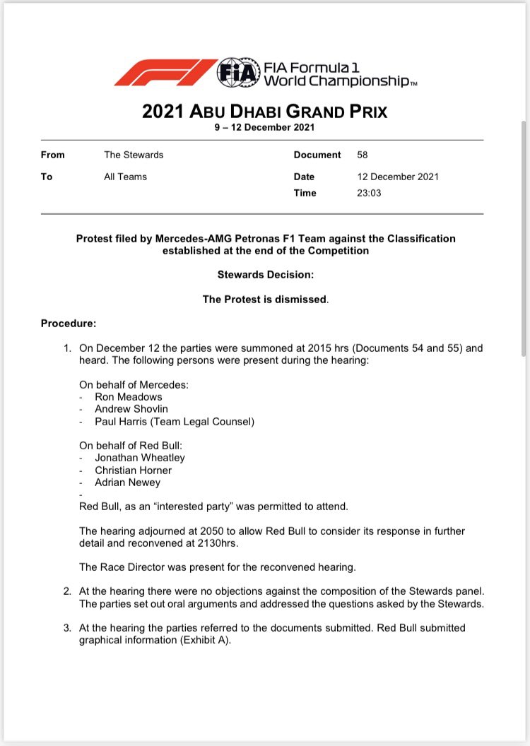 RachelBrookesTV's tweet image. Stewards decision is explained here. @MercedesAMGF1 protest is dismissed. #skyf1 #AbuDhabiGP
