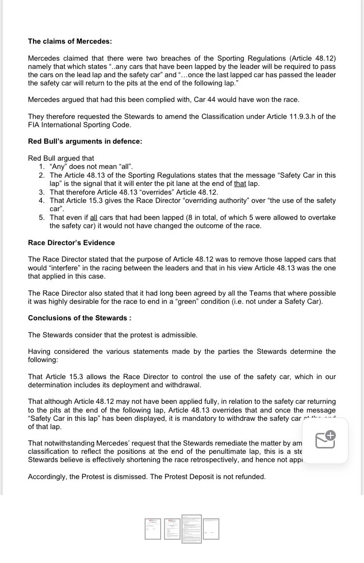 RachelBrookesTV's tweet image. Stewards decision is explained here. @MercedesAMGF1 protest is dismissed. #skyf1 #AbuDhabiGP