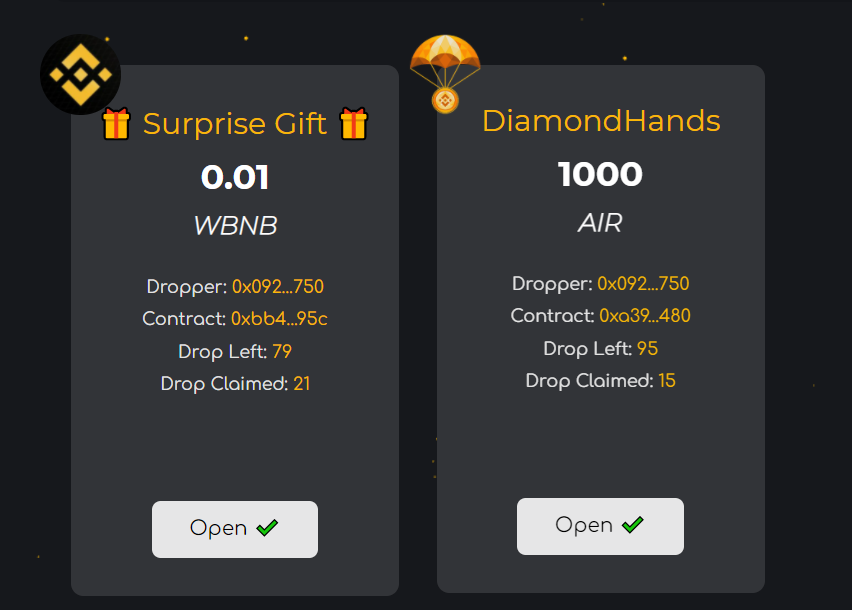 the <a href="/Airdrp_official/">Airdropper</a> app is now live at airdropper.xyz

there's a surprise gift of 0.01 #WBNB for those who hold $100 of $air 

and 1000 $air for diamond-hand holders who have more than the 55k presale amount

#BNB #bsc #bscgem
