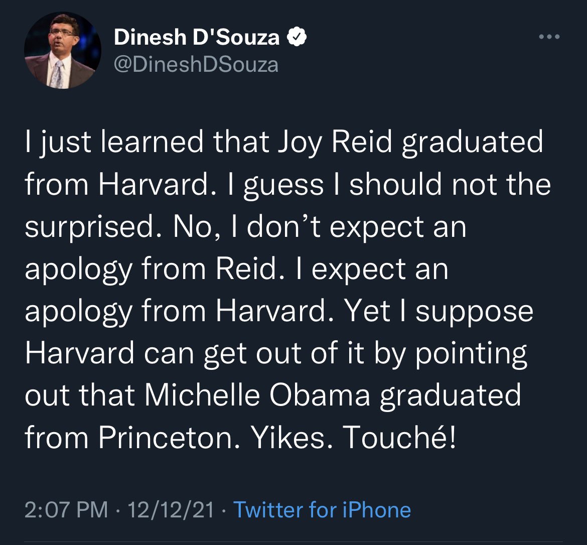 RonFilipkowski's tweet image. I’m struggling to figure out why Dinesh brought Michelle Obama into a discussion about Joy Reid’s education. Seems like an odd choice. Do they have something in common?