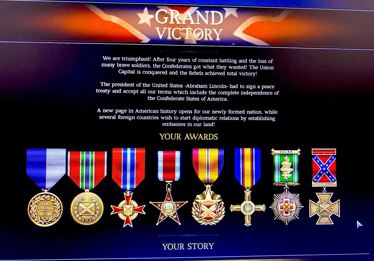 MossKilian's tweet photo. Yes! Finally able to win #ultimategeneral #civilwar as a Confederate General after hours of hard work! All those π medals! And my only legacy is to become an army instructor in Richmond?!? π€·ββοΈ https://t.co/y57EdC0WGk