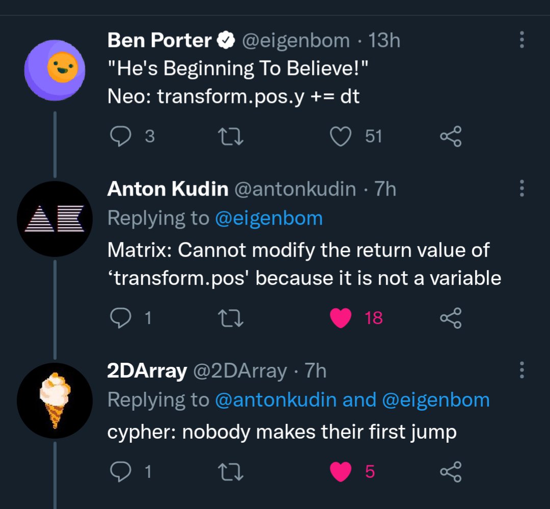 eigenbom's tweet image. Neo is The One but the Matrix is Unity