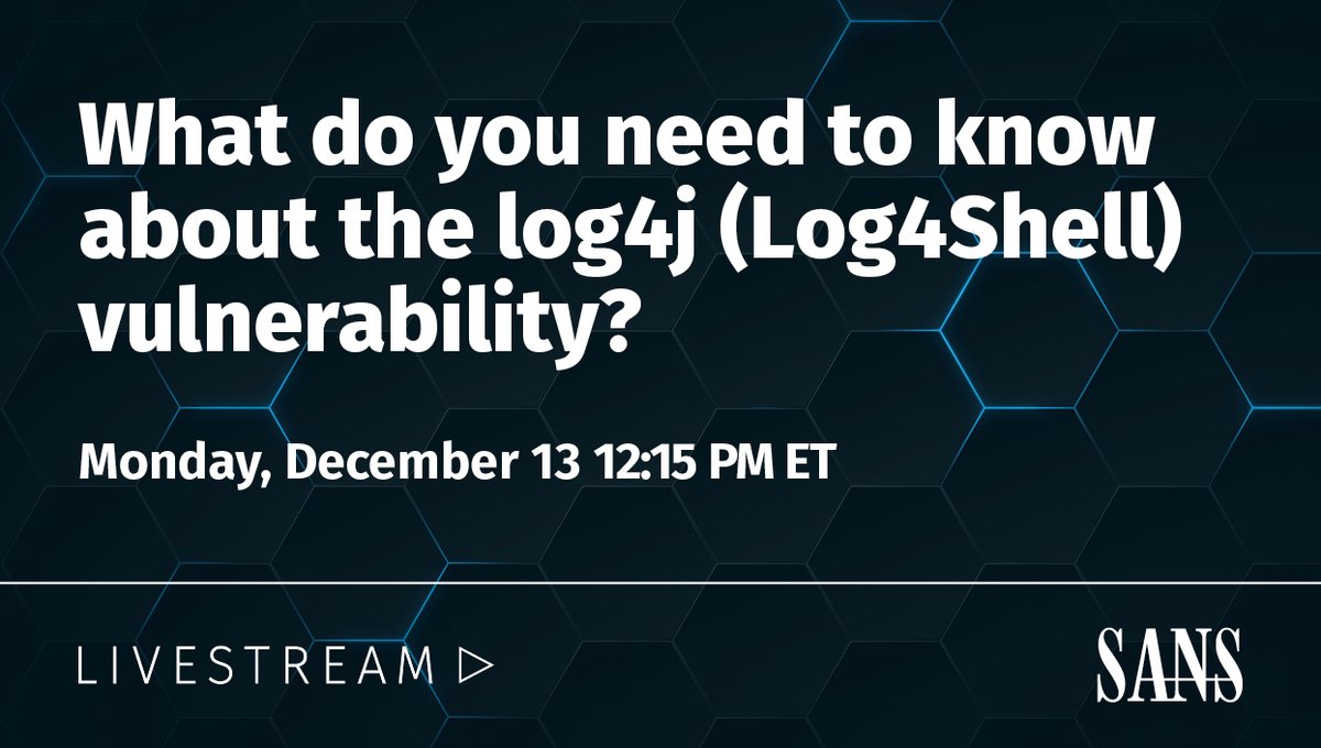 SANSDefense's tweet photo. 🚨⭐TOMORROW ⭐🚨

Join @bettersafetynet @johullrich @bojanz for this EMERGENCY LIVE STREAM on the newly published #RCE vulnerability #log4j

Learn what blue teams can do to detect the attack &amp; protect their environments against it. 

Join: https://t.co/Ay2hEMjyMT https://t.co/HPJ3z8WGKW