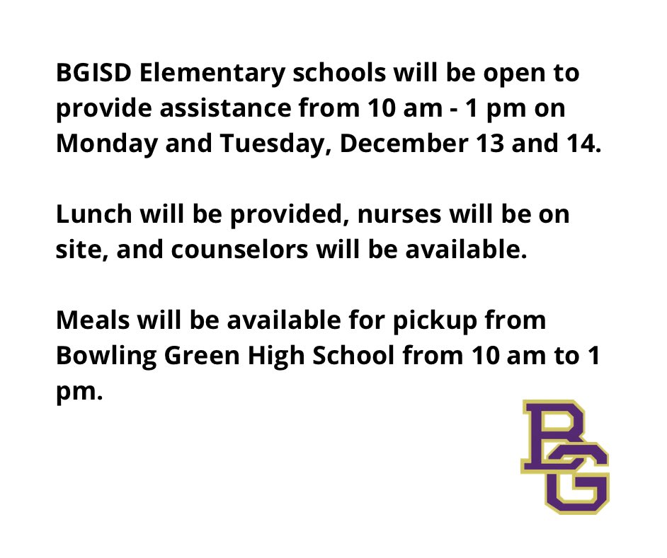 BGISD's tweet photo. Bowling Green City Schools will be closed Monday and Tuesday, December 13 and 14, 2021. However school employees will be working to communicate with and meet the needs of our students. https://t.co/hTRbD9HTmW