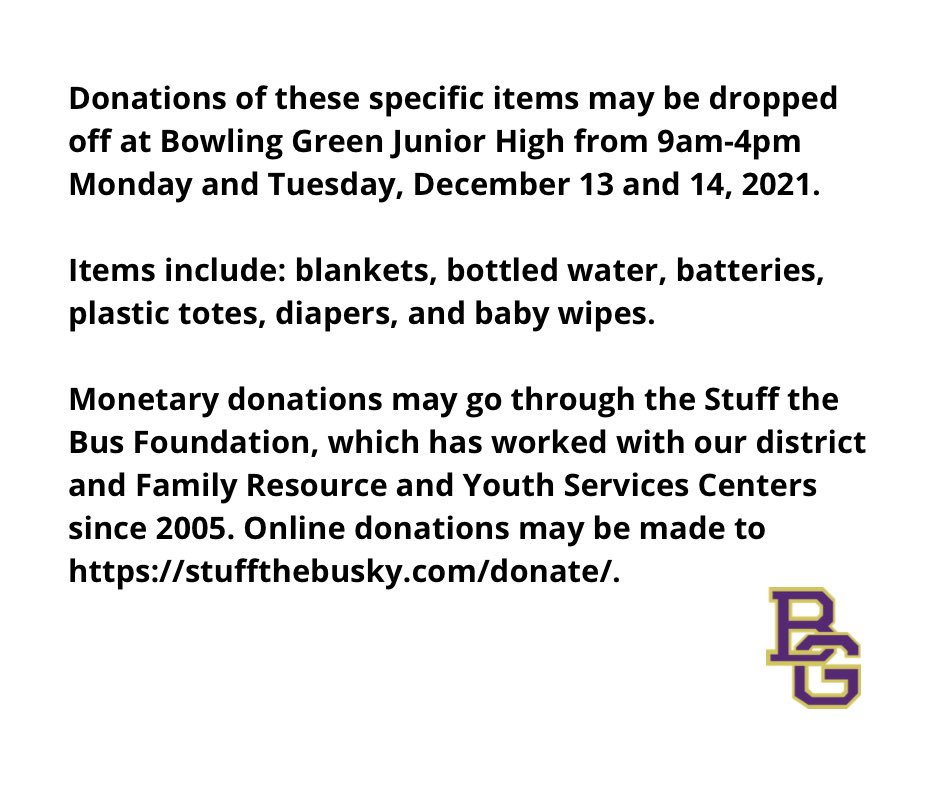 BGISD's tweet photo. Bowling Green City Schools will be closed Monday and Tuesday, December 13 and 14, 2021. However school employees will be working to communicate with and meet the needs of our students. https://t.co/hTRbD9HTmW
