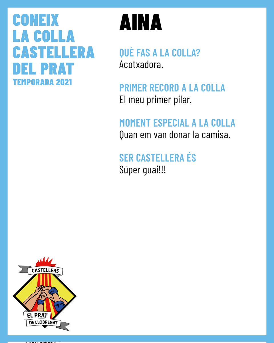 CastellersPrat's tweet photo. #CromosPotablava 
Sempre diem que la Canalla Potablava és el nostre tresor. La canalla és genuïna i única com l'Aina Borrull. Acotxadora i futura enxaneta, l'Aina recorda un moment especial per qualsevol casteller o castellera, el dia que rebem la camisa 👔
#castelleres https://t.co/JHCLKWwIMl