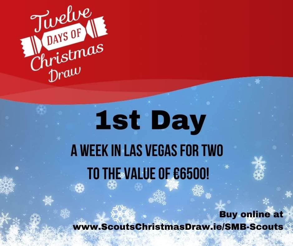 Thanks to all who supported local Scout Groups through this year's 12 Days of Christmas Draw.
We will stop selling tickets online tonight &amp; the draw will take place at <a href="/ScoutingIreland/">Scouting Ireland</a> in January.

scoutschristmasdraw.ie/SMB-Scouts

Good luck &amp; Merry Christmas!!