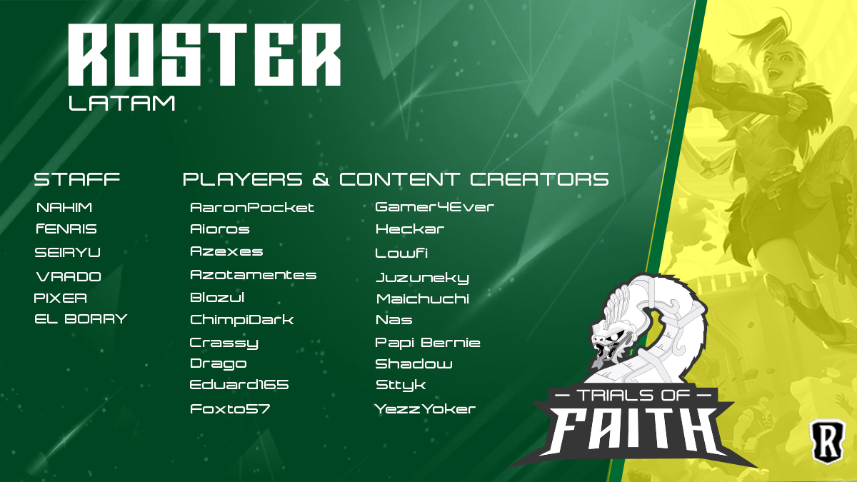 TrialsofFaith_'s tweet photo. Presentamos nuestro Roster Oficial tanto de Jugadores y Creadores de Contenido de #LegendsOfRuneterra ...
Esperamos mucho de cada uno para que sigan poniendo en alto el nombre de #ToF 
#Tofers #Roster #Latam @LoRLATAM https://t.co/1aH22Gvqsu