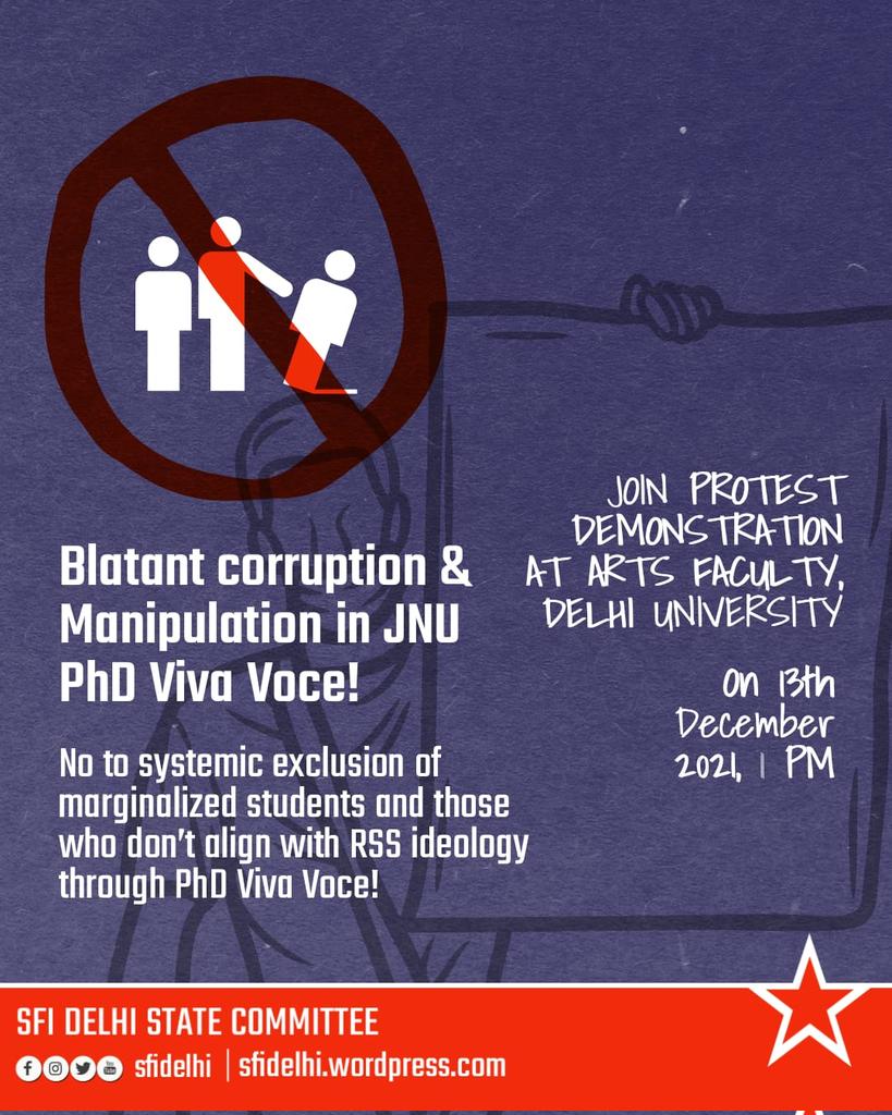 SfiDelhi's tweet photo. Blatant Corruption &amp; Manipulation in JNU PhD Viva Voce

No To Systematic Exclusion of Marginalised students and those who don't align with RSS through PhD Viva Voce!

Join Protest Demonstration at Arts Faculty, Delhi University

13th December 2021
1pm Onwards

#MarksScam https://t.co/8SBjwdxYZS