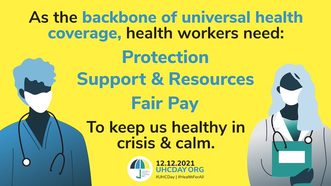 FHWCoalition's tweet photo. To build resilient health systems that can deliver #UniversalHealthCoverage, we must invest in a strong health workforce, including community health workers.
Join us in calling for global and national leaders to #ActForHealthWorkers this #UHCDay: Pay, Train, Protect. https://t.co/THCc6EchQp