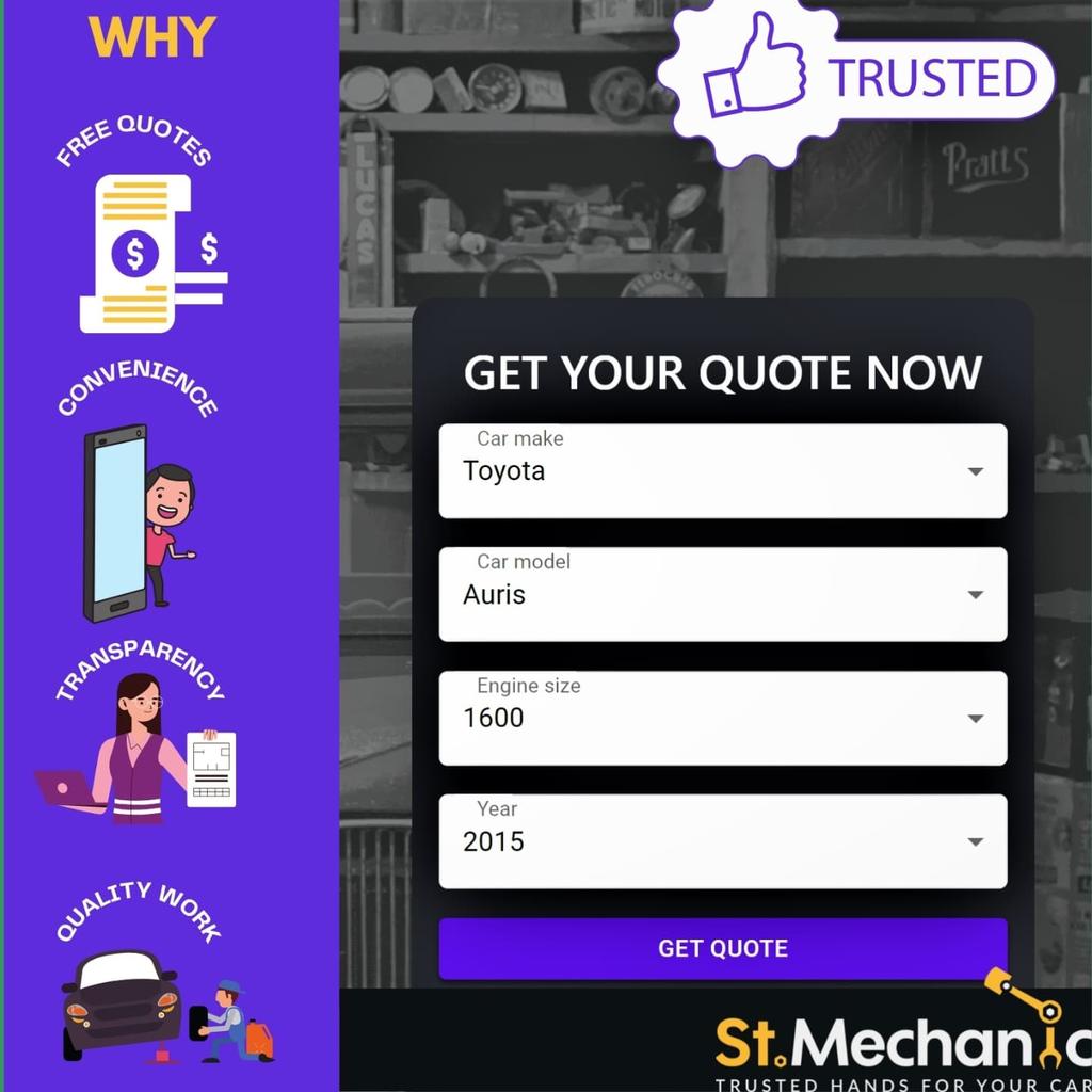 We are changing your car repair experience a lady and a gentleman at a time. Experience the Convenience of Booking a garage at your fingertips, of getting quotes upfront and the assurance of dealing with pre-vetted garages. 

stmechanic.com
Lets Talk : 0713301000