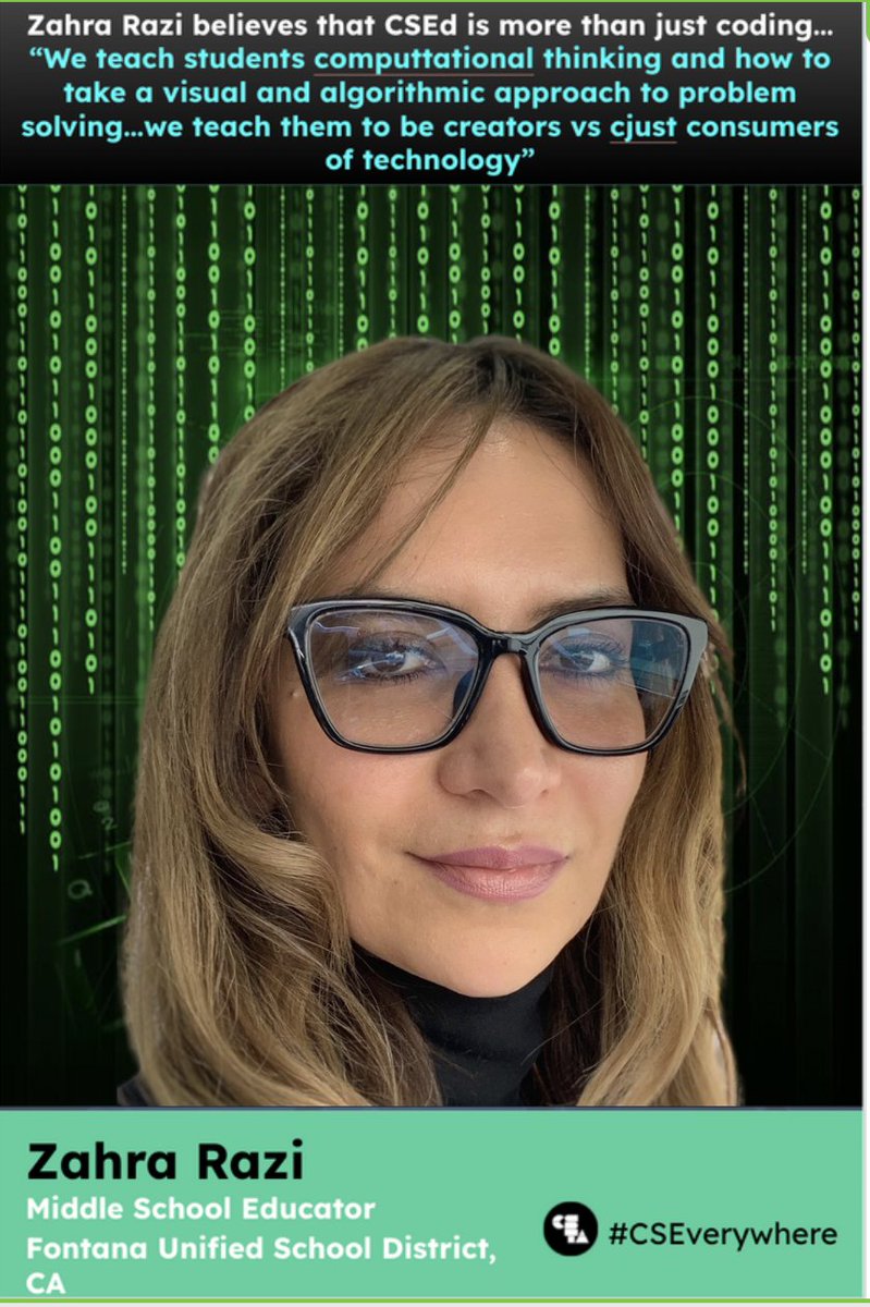 @NextSteams Zahra uses her talent and expertise in CS to inspire her students to create!

I have nothing but great words to say about this genuine, kind, enthusiastic, dedicated CS educator!

1 of her students was recently quoted in <a href="/SBCountySchools/">San Bernardino County Superintendent of Schools</a> news! 
sbcss.k12.ca.us/index.php/news…