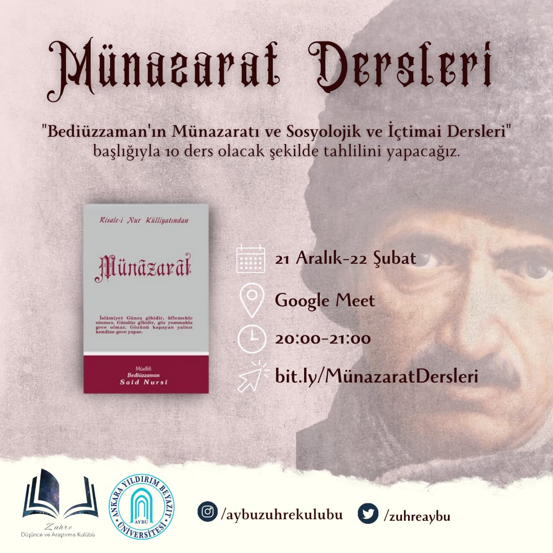 Münazarat eseri, Bediüzzaman Said Nursi'nin Meşrutiyet, Hürriyet, Kanun-u Esâsî, İstibdat, Tek Adamlık, Meclis Hâkimiyeti ve Gayr-i Müslimlerle İlişkiler gibi hususlara cevap verdiği ve kendi tabiriyle ”hayat-ı içtimaiye medresesinde aldığı dersleri ve konuşmaları”dır.