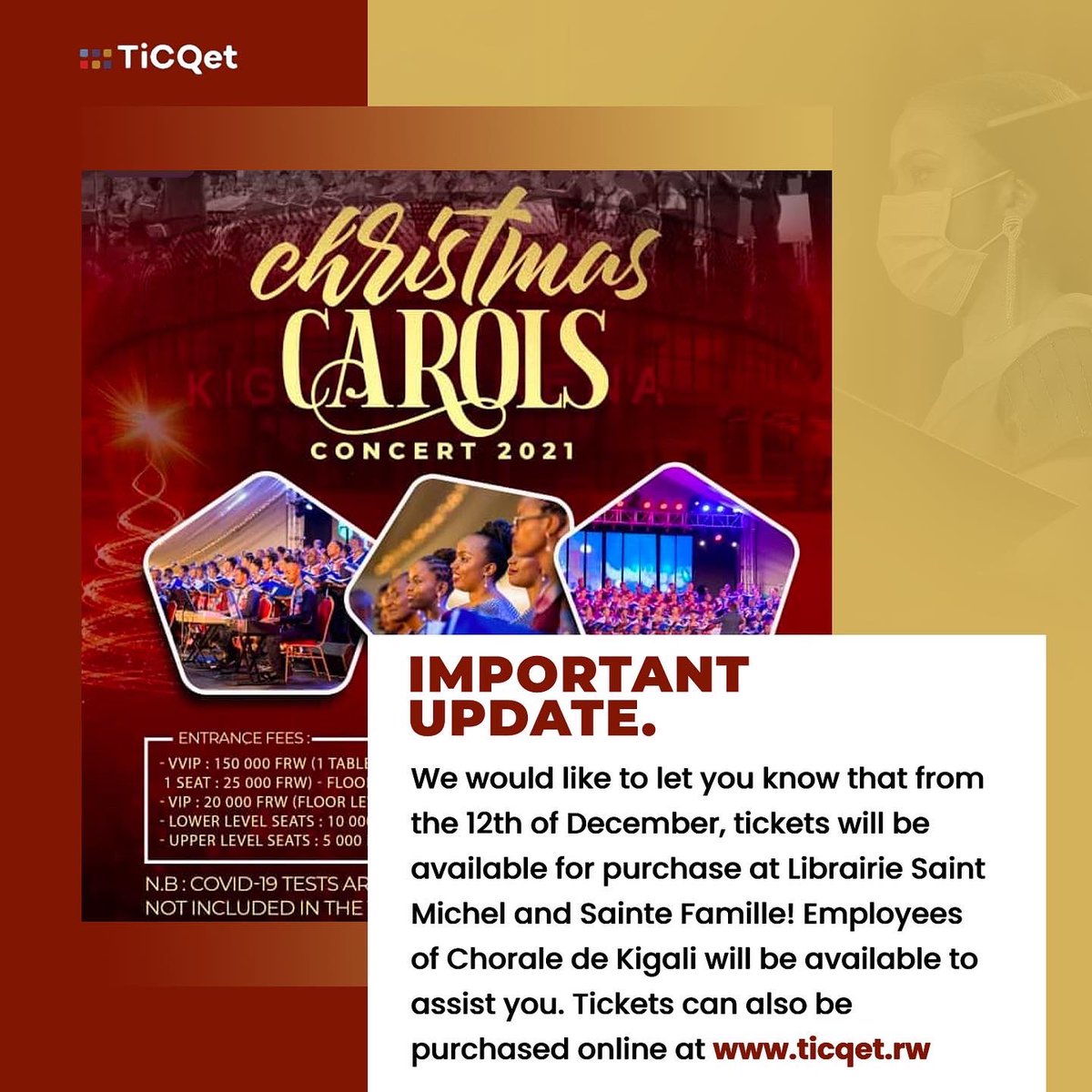 We would like to let you know that from the 12th of December, tickets will be available for purchase at Librairie Saint Michel and Sainte Famille! Employees of Chorale de Kigali will be available to assist you. Tickets can also be purchased online at ticqet.rw
