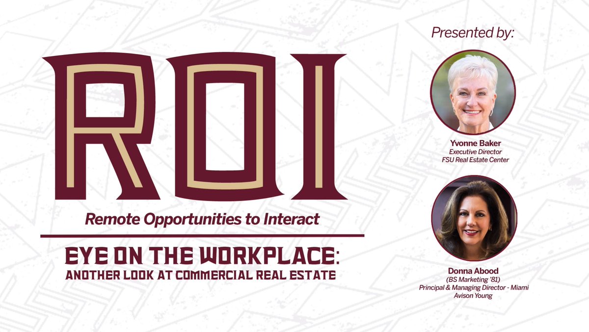 We’re back with a new episode of “Remote Opportunities to Interact (ROI) Online.” Join <a href="/FSURealEstate/">FSU Real Estate Center</a> Executive Director Yvonne Baker and Miami Avison Young Principal &amp; Managing Director Donna Abood to discuss Commercial Real Estate. bit.ly/3rY4f3K