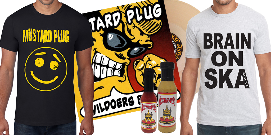 The 2 new t-shirt designs are now in stock! The last few of Evildoers Beware on beer colored vinyl is now in stock!! AND our hot sauce and mustard are back in stock!!! JUST IN TIME FOR THE HOLIDAYS!! mustard-plug-merch.myshopify.com