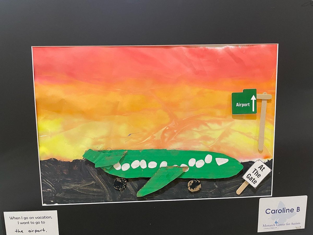 TherapyMomK's tweet photo. We went to visit Monarch Center for #Autism’s Annual #ArtShow at Eaton Place, today. Caroline’s artwork is her response to where she would like to go on vacation….the airport! I think she did great!!! https://t.co/bUzxIM7Gas