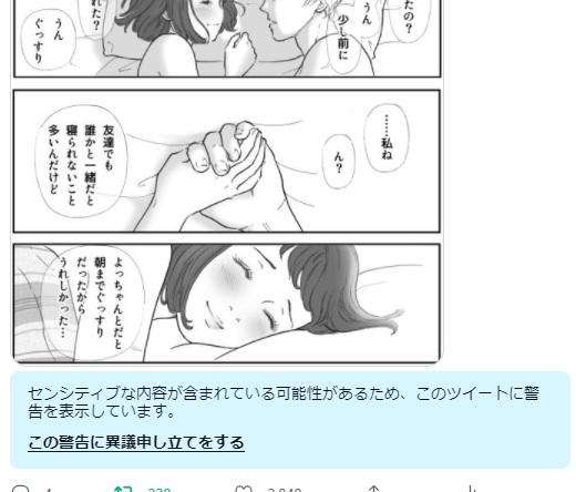 て言うか年齢的にも適正な(?)男女がイチャイチャしてるだけの絵にいちいち警告いる?見たくな人が自衛すればいい話では 
