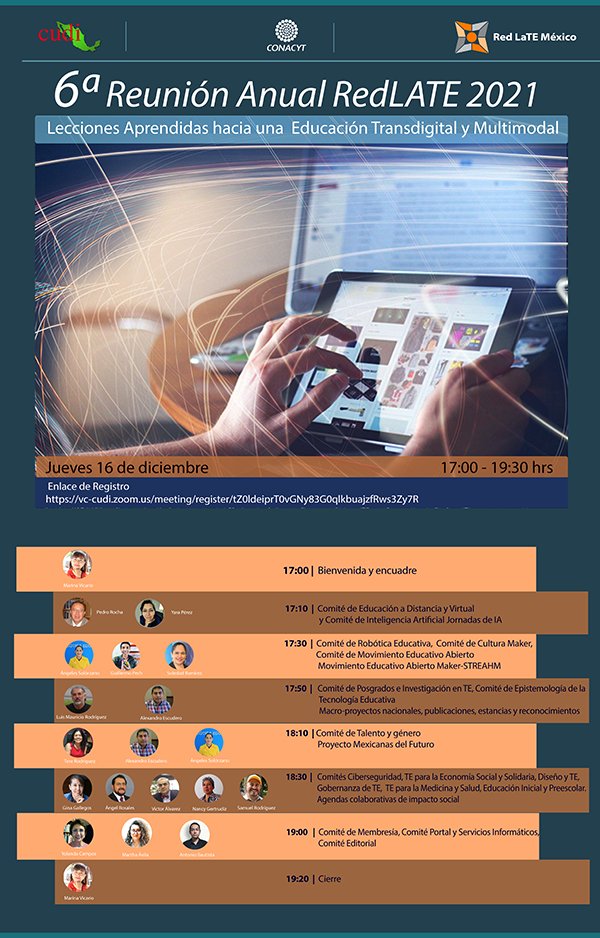 Red_LaTE_Mx's tweet image. La Red LaTE tiene el agrado de invitarle a la 6ª Reunión Anual Red LaTE MX en la que se compartirán "Lecciones Aprendidas hacia una #Educación #Transdigital y Multimodal".

Sitio del evento: redlate.net/6a-reunion-anu…

#RedLaTEMx
