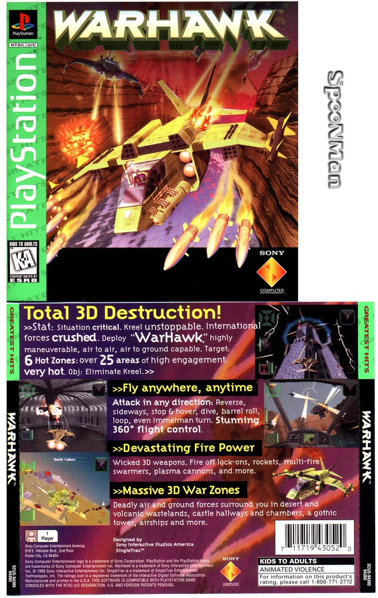 matthewhenzel's tweet photo. More classic PSX box art, that I scanned 20 years ago. Games developed by SingleTrac.
WarHawk (PlayStation 1995)
Twisted Metal (PlayStation 1995)
Twisted Metal 2 (PlayStation 1996)
Jet Moto (PlayStation 1996)
#PlayStation #SingleTrac @davidscottjaffe #VGO https://t.co/dr3AnNmVEp