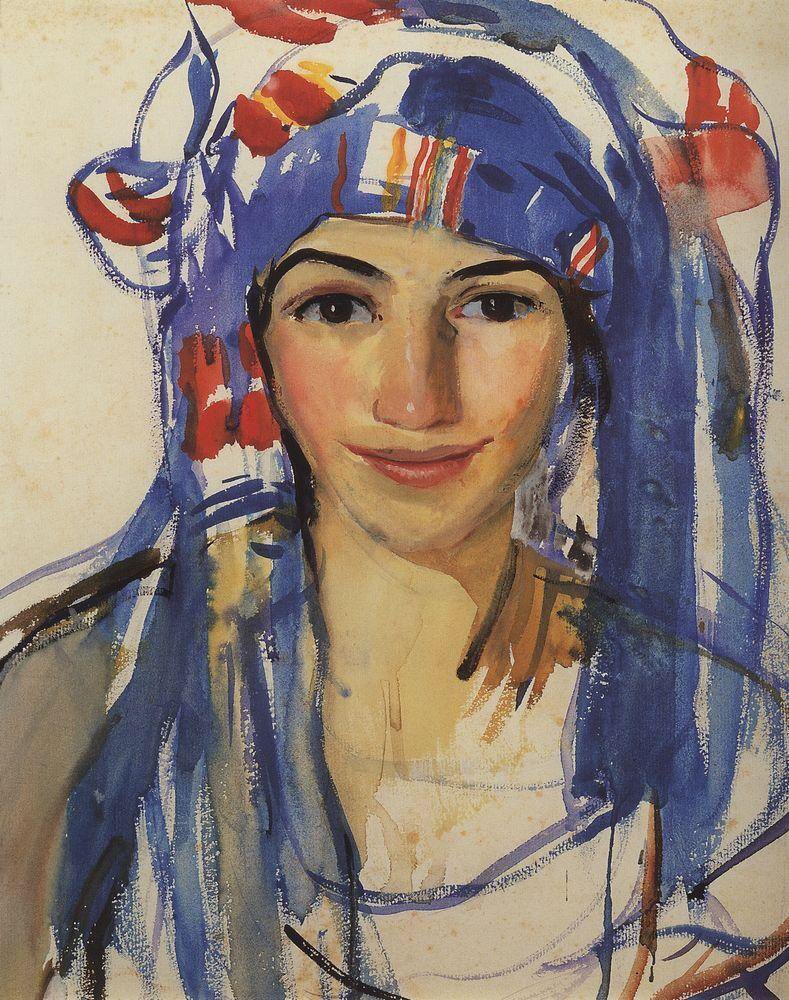 Self-portrait wearing a scarf, by Zinaida Serebriakova. Today has been her day.