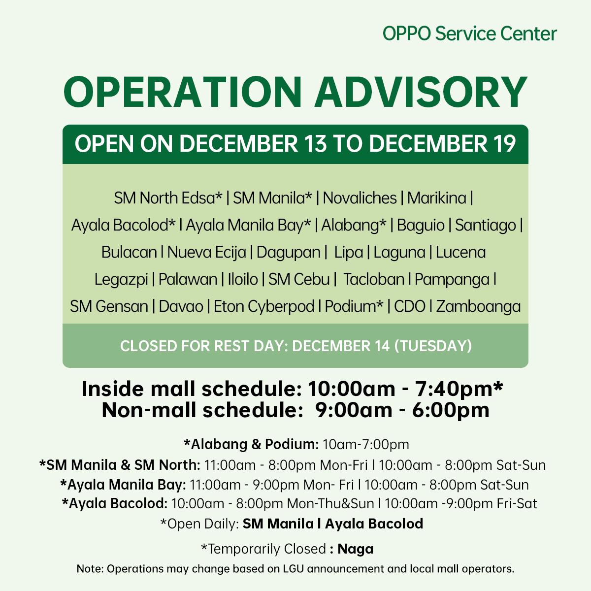 OPPOPhilippines's tweet photo. OPERATION ADVISORY!
Please be informed of our #OPPOServiceCenter schedule for this week. Kindly check out our official social media accounts or click the link below for updates on our operations. 
Thank you and keep safe everyone!

Link:
https://t.co/AXD71bYKbm
#OPPOPH https://t.co/zTblo5yyPN