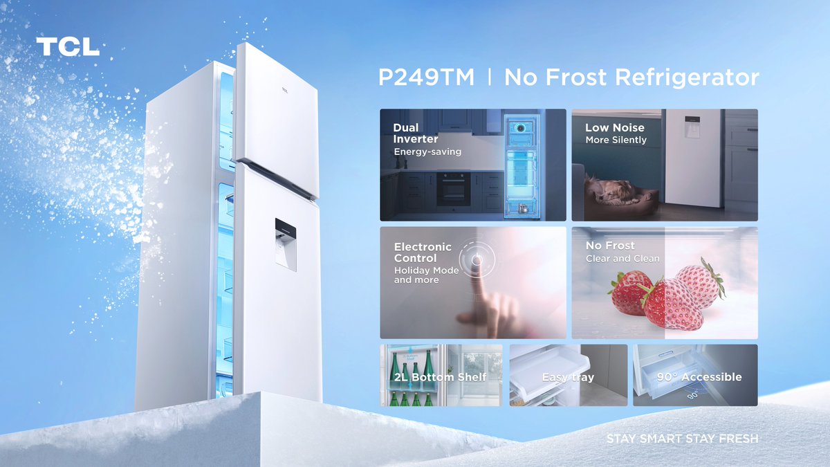 TCL_Global's tweet photo. Upgrade your kitchen to #TCLSmartHome efficiency & cleanliness with the #TCL_P249TM Fridge!
Cutting-edge dual inverter tech keeps the fridge ultra-quiet, frost-free & energy-efficient. Plus, the sleek control panel allows for precise temperature control🧊🌡️
#StaySmartStayFresh https://t.co/4Ek3RwCD6Y