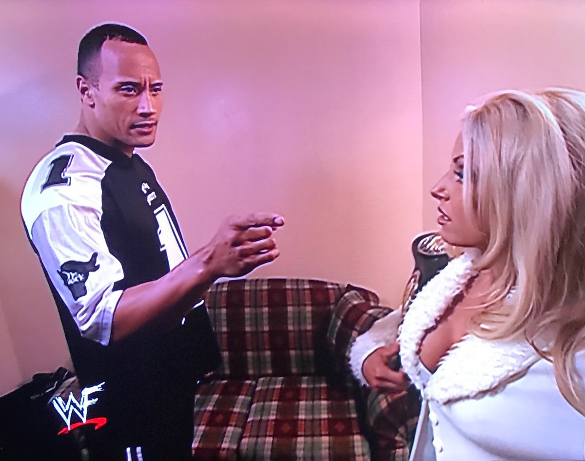 Trish Stratus wishes The Rock luck in his title match later tonight, then kisses him on the cheek. Rock says after he becomes Undisputed Champion, there will be plenty of time for Trish to smell what The Rock is Cookin! https://t.co/bgtOPOUIOk